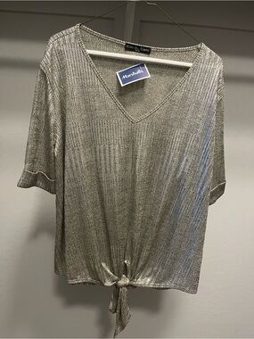 Kim & Cami Silver and Gold Metallic V-Neck Tie-Front Short Sleeve Top